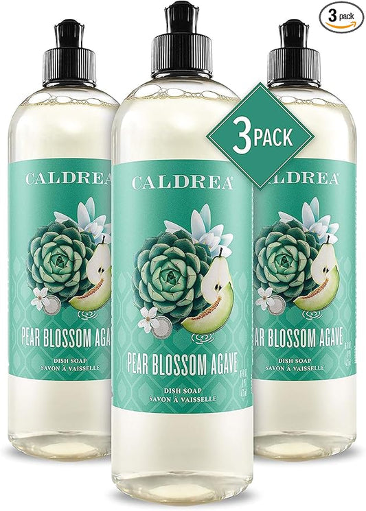 Caldrea Dish Soap, Biodegradable Dishwashing Liquid made with Soap Bark and Aloe Vera, Pear Blossom Agave, 16 oz , 3 Pack
