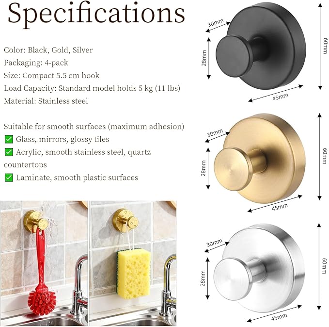 Suction Cup Hooks Removable Shower Hooks, 4Pcs Metal Towel Hooks for Bathroom Window Glass Wall Door Can Hang Various Towels Bath Towels Keychains, Gold Front Door Wreath Hanger, No-Drill Waterproof