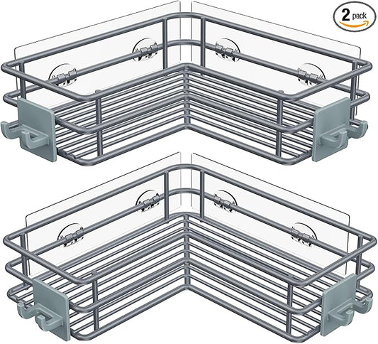 Nieifi Adhesive Corner Shower Caddy Shelf Basket Rack with Hooks, Rust Proof Stainless Steel Bathroom Shelf Shampoo Holder No Drilling (Gray)