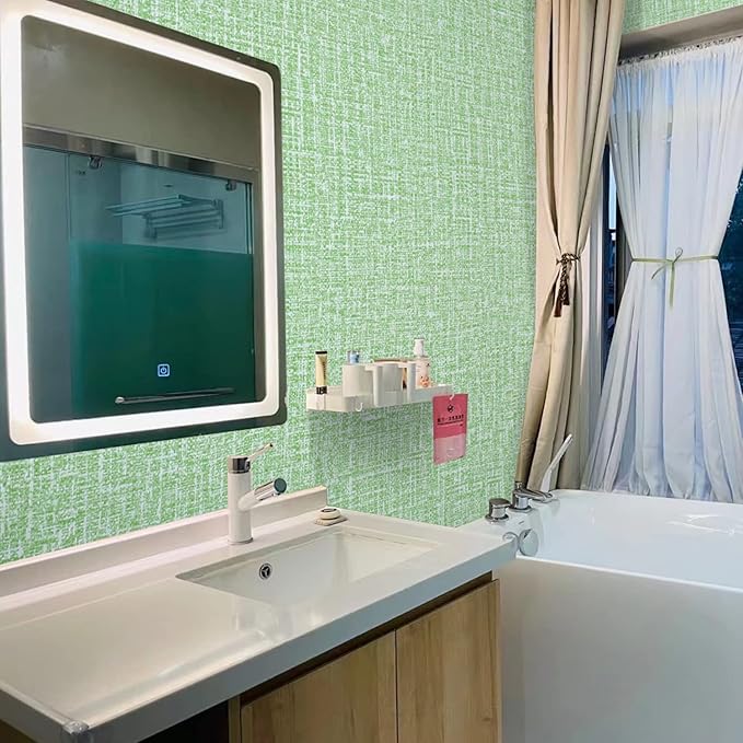Peel and Stick Wallpaper Green Grass Cloth Wall Paper - 15.7 x 500 Inch Self Adhesive Wallpaper Peel and Stick, Easy to Paste Wall Contact Paper for Stand Liner, Table and Door Makeover Decor