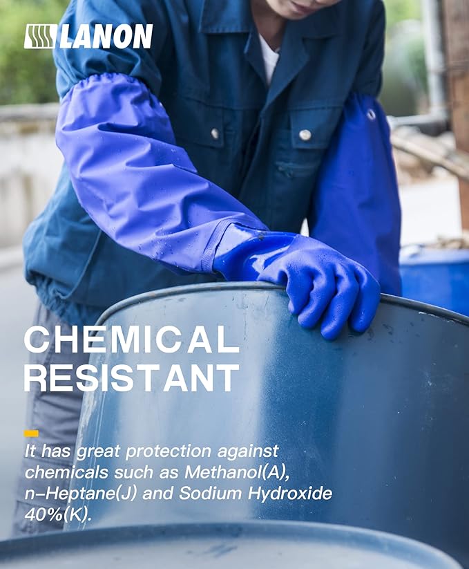 LANON 26" Elbow Length PVC Chemical Resistant Gloves, Heavy-Duty Long Rubber Gloves, Acid, Alkali & Oil Protection, XXL