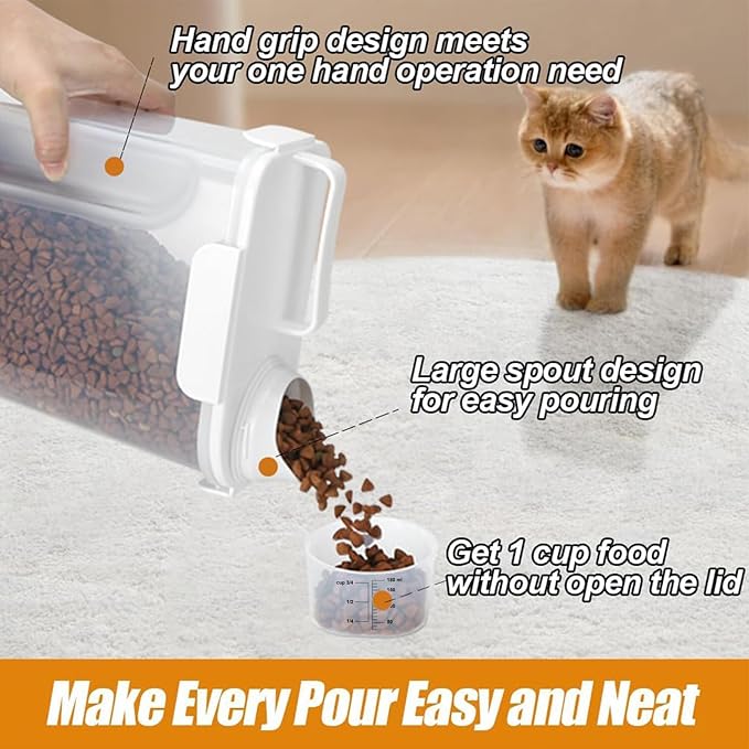 5-7LBS Upgraded Large Nozzle Cat Dog Food Storage Container BPA-free, Airtight Pet Food Storage Bin with 4 Lock Buckles, Sealing Gasket, Cup for Pet Food, Dog Treats, Rice, Flour, Dry-White