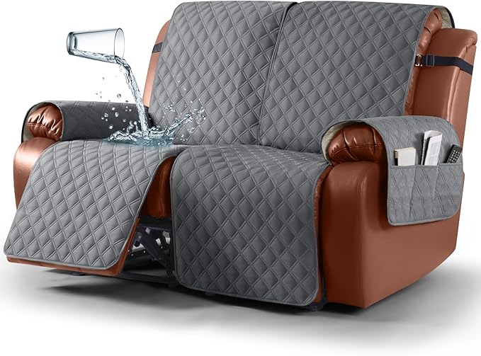 Ruaozz Waterproof Recliner Sofa Covers, 1-Piece Couch Covers for Reclining Couches Reclining Couch Cover Washable Furniture Protector with Elastic Straps Pocket for Kids Pets (Dark Grey, 2 Seater)
