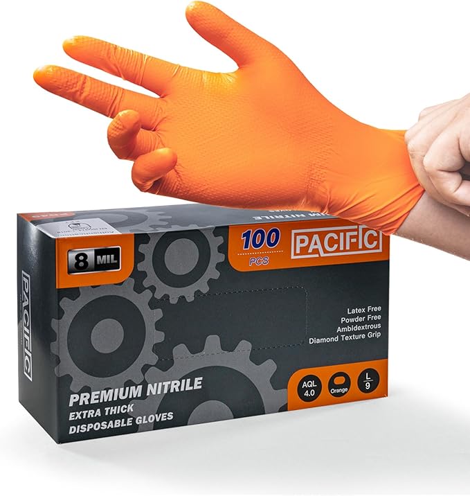 PACIFIC PPE Orange Nitrile Gloves Industrial Disposable Gloves, 8 Mil, Latex-Free, Fully Raised Diamond Texture, Food Safe, Large, 100 Count
