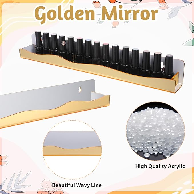 6 Pack Gold Reflective Acrylic Shelves, 15 Inch Wall-Mounted Nail Polish Organizer Rack Mirror Finish Makeup Essentials Storage Multi-Purpose Display Holder for Small Space Vanity Bathroom