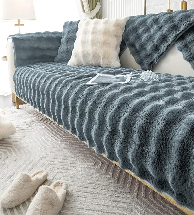 Soft Warm Faux Fur Couch Sofa Cover Thick Shaggy Fuzzy Sectional Couch Cover Non-Slip Solid Color Plush Sofa Slipcover Furniture Protector for Kids, Pets (Grey Black,43"x63")