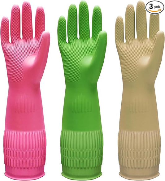 Bamllum 3 Pairs of Rubber Dishwashing Gloves for Kitchen and Household Cleaning – Long Cuff 15", Reusable, Flexible Long-lasting and Non-Slip (Red+Yellow+Green, Medium)