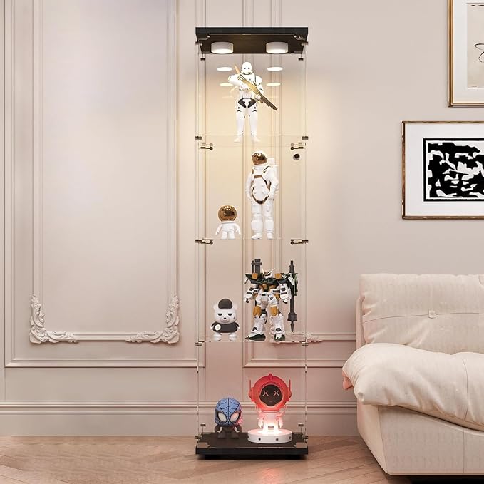 LFT HUIMEI2Y Glass Display Cabinet with LED Lights and Lock, 4-Shelf Curio Cabinets with Door, Tempered Glass Collection Display Showcase for Bedroom, Living Room 65”x 17”x 14.5” Black