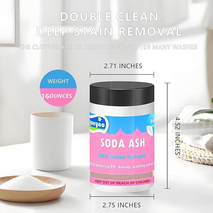 Natural Washing Soda, Sodium Carbonate, Laundry Booster, Soda Ash, Multipurpose Cleaner, Water Softener, Stain Remover (16 Ounces)