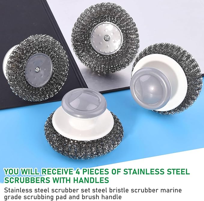 4 pcs Stainless Steel Scrubber with Handle，Heavy Duty Pot Scrubbers Dish Scrubber Cleaning Brush Wash for Dish