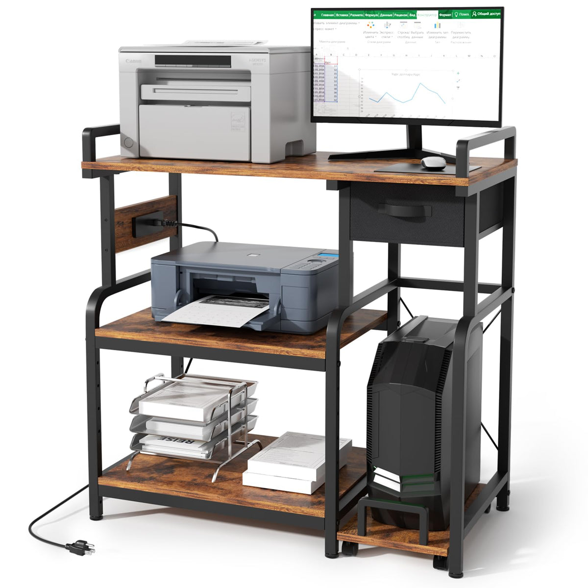 XL Printer Stand with Storage Drawer, 3 Tier Printer Table - Image 1