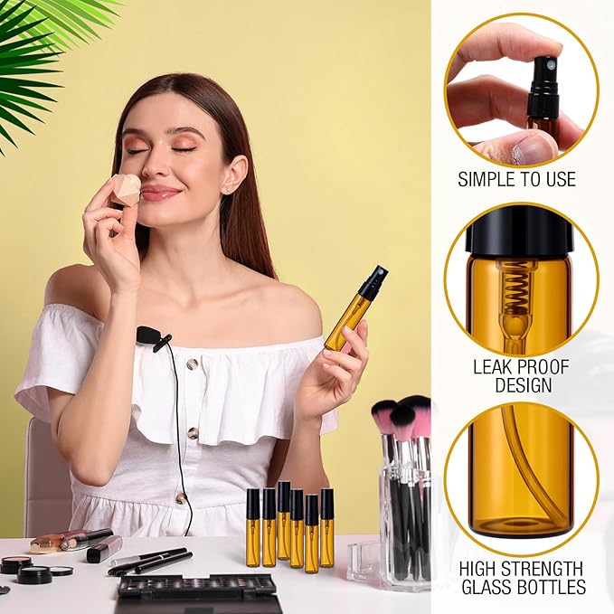 Tanlade 300 Pcs 5ml Mini Spray Bottles Refillable Brown Glass Travel Perfume Atomizer Mouthwash Bottle Cologne Small Sample Containers for Essential Oils, Retailers