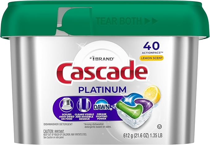 Cascade Platinum Dishwasher Pods, Dishwasher Detergent, Dish Detergent Soap, Lemon, 40 Count