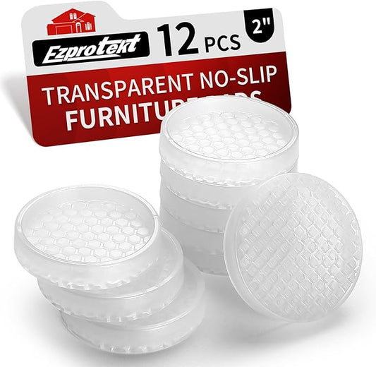 Ezprotekt Non Slip Furniture Pads, 12 Pcs 2" Anti Slip Rubber Caster Cups, Anti Skid Furniture Coasters for Hardwood Floors, No Slide Furniture Gripper, Furniture Stoppers to Prevent Sliding (Clear)