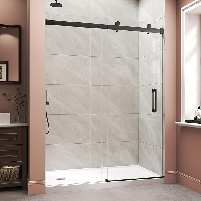 Frameless Shower Door,Single Sliding Glass Shower Door with Nano Coating & Safety Film, Adjustable 55"-60" W x 72" H, Matte Black,1/4" (6mm) SGCC Tempered Glass