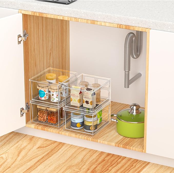 4 Pack Stackable Plastic Makeup Organizer Drawers, Acrylic Organizers, Clear Storage Bins with Pull-Out Handles for Vanity, Kitchen Cabinets, Pantry