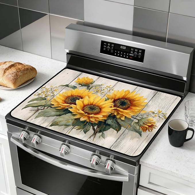 Glass Stove Top Covers for Electric Stove, Heat Resistant Counter Protector Mat, Non Slip Waterproof Surface Cover for Kitchen Counter and Cooktop (Rustic Sunflowers, 28"L x 20"W)