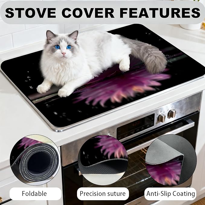 Glass Stove Top Covers for Electric Stove, Heat Resistant Counter Protector Mat, Non Slip Waterproof Surface Cover for Kitchen Counter and Cooktop (Pink water lilies, 28"L x 20"W)