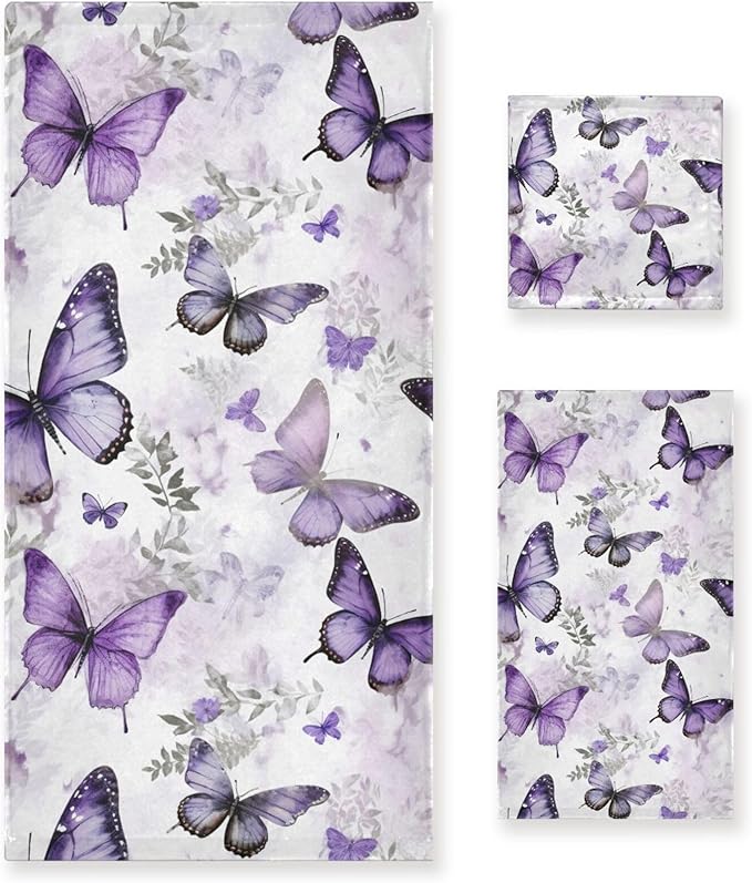Purple Butterfly Bath Towels Set,Ultra Soft 3 Piece Vintage Watercolor Floral Butterflies Towels for Bathroom,1 Bath Towel 1 Hand Towel 1 Washcloth,Absorbent Decoractive Guest Bathroom Towels