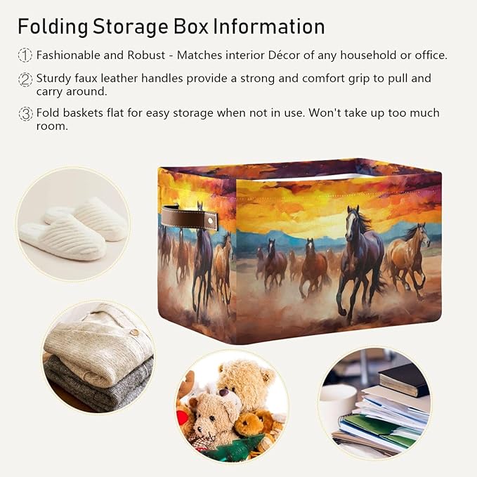 Storage Basket Horse Rectangular Collapsible Canvas Shelves Storage Bins with Leather Handles for Shelves Home Closet Bedroom Living Room, 1Pack