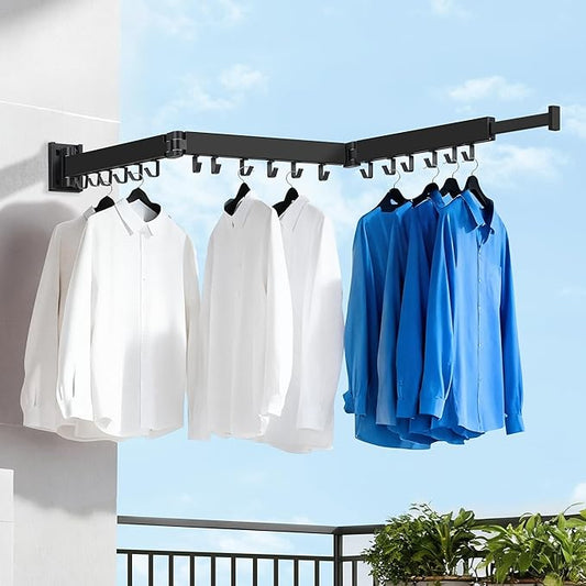Clothes Drying Rack Wall Mounted, Retractable Collapsible(Tri-Fold) Space Saver, Black with 18 Hooks for Laundry Room Organization Apartment Balcony Bathroom