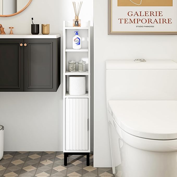Small Bathroom Storage Cabinet, Corner Floor Cabinet with Door and Shelves, Narrow Toilet Paper Cabinet, Bathroom Organizer with Adjustable Shelf for Small Spaces, White, 5-Tier