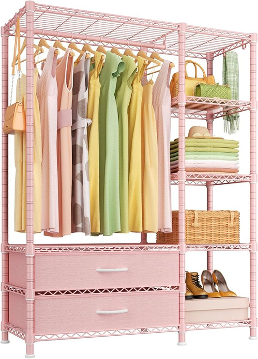 Ulif F3 Heavy Duty Clothes Rack（With Fabric Drawers）Freestanding Clothing Racks for Hanging Clothes，Adjustable Closet Organizer System，Portable Garment Rack 40" W x 15" D x 72" H，Max Load 700LBS，Pink