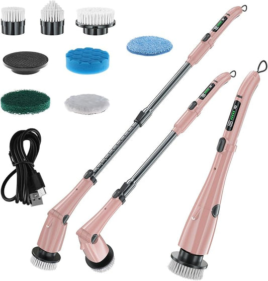 APLUSH Electric Spin Scrubber, IPX7 Waterproof Cordless Bathroom Cleaner Brush, Shower Scrubber with Adjustable Extension Handles 2 Speed, Cleaning Brush for Tub Shower Tile Floor,Pink