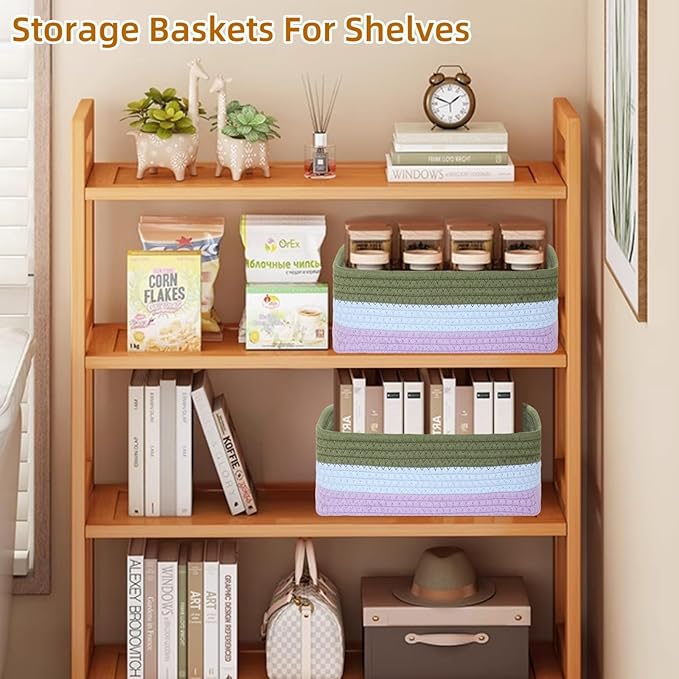 2 Pack Storage Baskets for Organizing, Small Storage Bins for Shelves, Woven Cotton Rope Baskets with Handles, Organizer Baskets for Gifts Empty, 12''Lx8''Wx4.5''H (Rainbow)