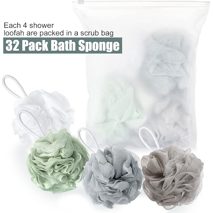 Shellwei 32 Pcs Bath Sponge Shower Loofahs Bulk 60 g Charcoal Large Mesh Puff Soft Scrubber for Men and Women Exfoliating Shower Pouf Balls with Bathing Accessories