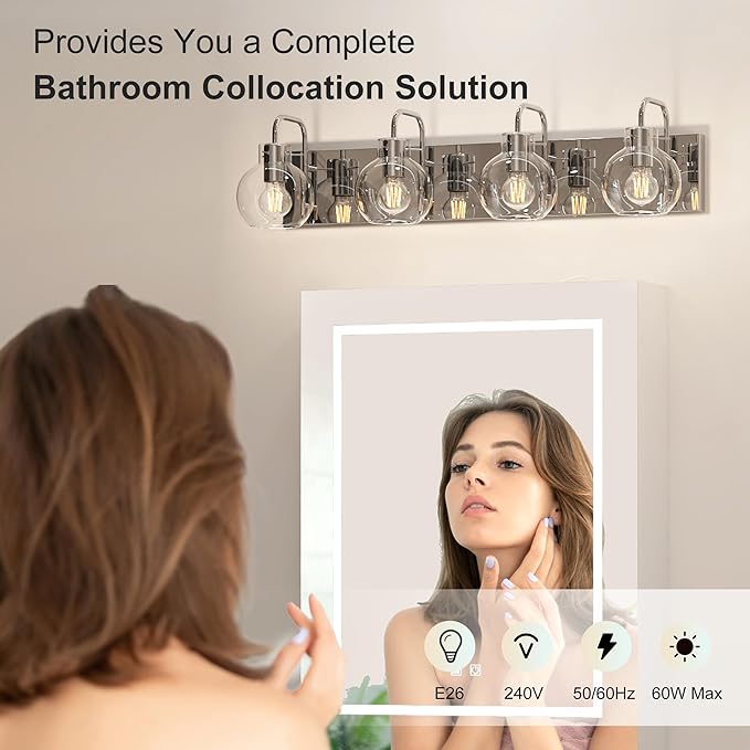 Brushed Nickel Bathroom Light Fixtures, 4-Light Modern Vanity Light Over Mirror, Wall Sconces with Frosted Glass Shades, E26 Socket (Bulbs Not Included)
