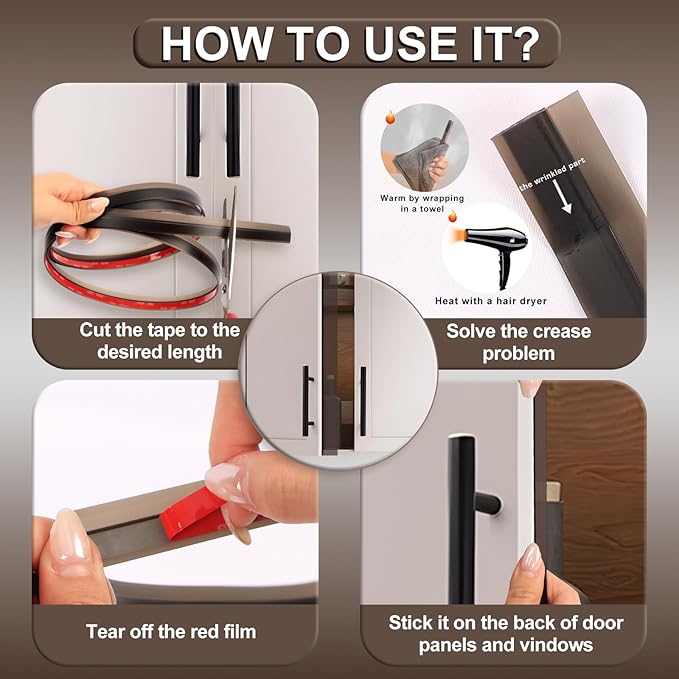 Cabinet Door Seal Strip, 45.9 FT Weather Stripping Gap Filler with Strong Adhesive, Silicone Dustproof Door Seal for Cabinet, Wardrobe & Cupboard (Transparent Brown)