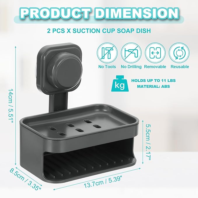 uxcell 2Pcs Suction Cup Soap Dish, Removable and Reusable Wall Mounted Double Bar Soap Holder for Shower No-Drilling Sponge Holder for Bathroom Kitchen, Gray