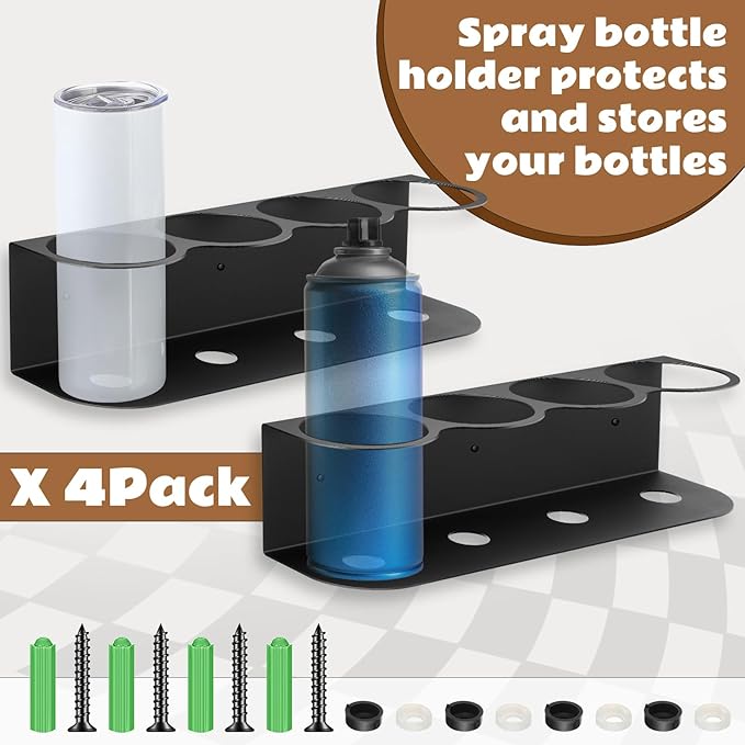 Therwen 4 Pcs 4 Holes All Purpose Steel Spray Bottle Holder Heavy Duty Spray Can Holder Rack Organizer Easy Install Wall Mount Paint Bottle Organizer Storage Rack for Garage Home Workspace