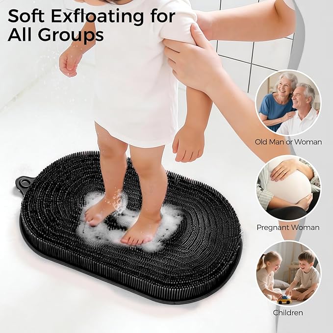 Shower Foot Scrubber - XXL Large Silicone Bath Mat for Exfoliating & Massaging Feet in Shower, Non-Slip Suction Cups, Dead Skin Remover, Callus Cleaner for Men & Women, 20.9"x13.8" Black