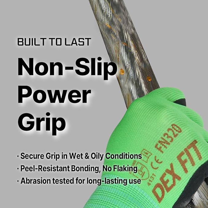 DEX FIT Premium Nylon Nitrile Work Gloves FN320, 3 Pairs, 3D-Comfort Stretchy Fit, Firm Grip, Thin & Lightweight, Durable, Breathable & Cool, Machine Washable; Green 8 (M)