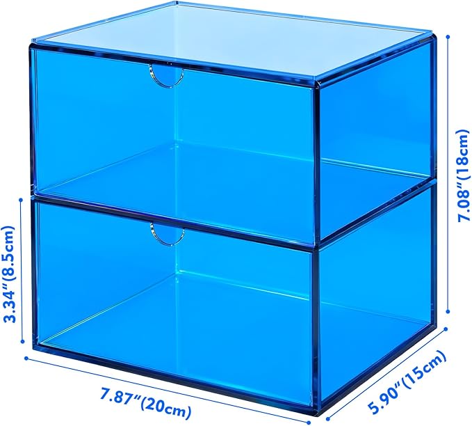 Acrylic Desk Organizer with Drawers Stackable Makeup Organizer for Vanity Office Countertop Cosmetic Display Cases Makeup Storage Box, Sky Blue