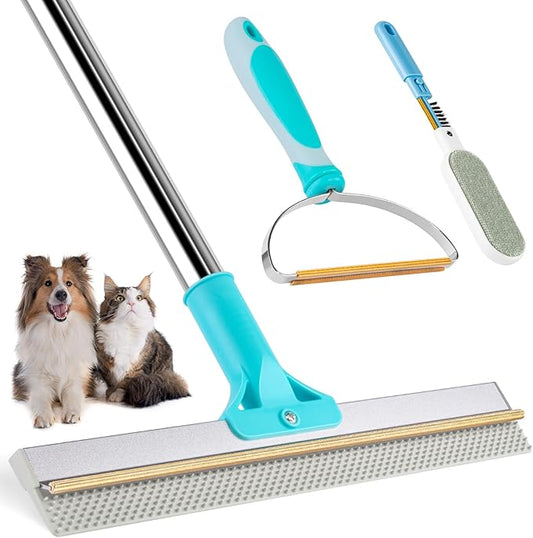 3-Pack Pet Hair Remover Tools, Carpet Rake for Pet Hair Removal, Long Handle Double-Sided Carpet Fur Removal Lint Scraper Brush Dog Cat Hair Remover for Sofa, Couch, Rug, Stairs, Clothes, Blue