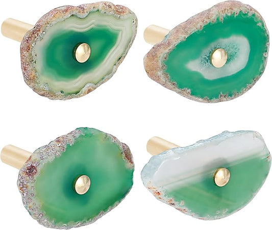 Cozy Tower 4 Pcs Green Agate Wall Hooks - Decorative, Hat Bag & Purse Hooks in Gold Brass Finish