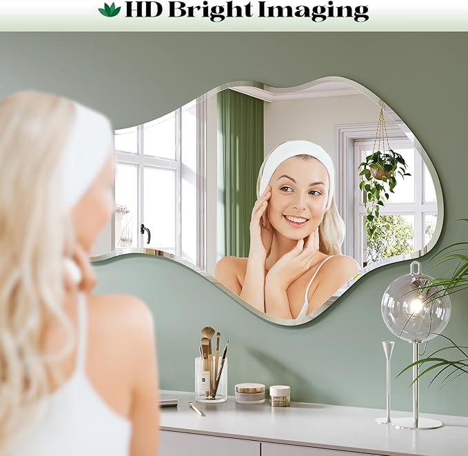 Irregular Wall Mirror, 22”x38” Frameless Asymmetrical Mirror, Beveled Frameless Funky Wavy Wall Mirrors for Entry Way Modern Bathroom Bedroom Living Room