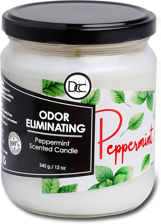 Peppermint Odor Eliminating Highly Fragranced Candle - Eliminates 95% of Pet, Smoke, Food, and Other Smells Quickly - Up to 80 Hour Burn time - 12 Ounce Premium Soy Blend