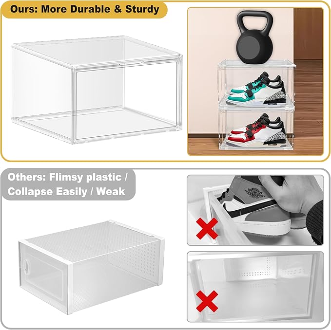14 Pack Plastic Shoe Boxes Fit US Size 13, Clear Stackable Shoe Display Case with Magnetic Acrylic Door Shoe Containers for Sneaker Storage, Hats, Figure, Collectible