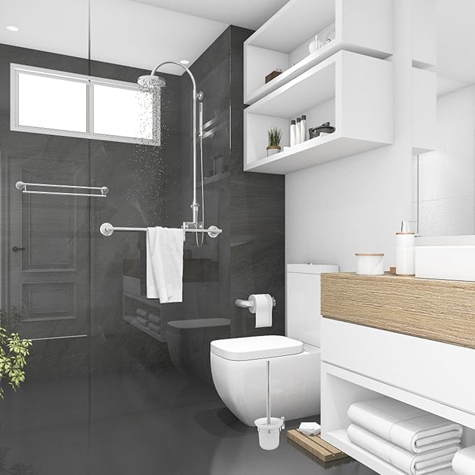 SUPVOX Stainless Steel Long Handle Toilet Brush with Holder, 304 Thickened Bathroom Cleaning Brush Set for Deep Toilet Scrubbing and Household Bathroom Supplies