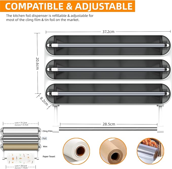 Aluminum Foil & Plastic Wrap Dispenser with Cutter - Magnetic & No-Drill Wall Mount, Cling Film Dispenser with Paper Towel Holder, Space-Saving 4-in-1 Kitchen Organizer - Fits 12" Roll, Black