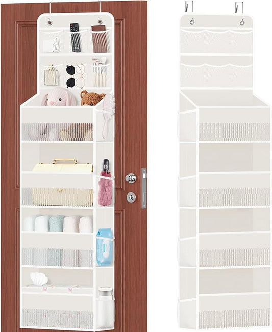6-Tier Over the Door Organizer with Mesh Pockets, Baby Nursery Storage for Closet, Bathroom and Bedroom, Adjustable Hanging Closet Organizer for Cosmetics, Books and Essentials (Beige)