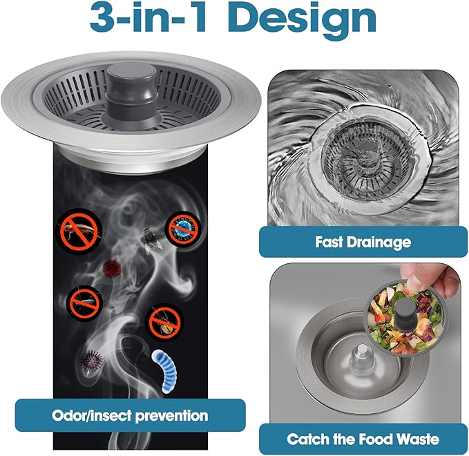 Sink Drain Strainer - Stainless Steel -Up Kitchen Sink Stopper Anti-Clog Kitchen Sink Strainer Basket for US Standard 3-1/2 Inch Drain (2 Pack)