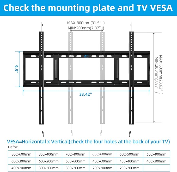 HOME VISION Heavy Duty Fixed TV Wall Mount Bracket, 264 Lbs Capacity for 48-120 Inch Extra Large Flat Screen Smart TVs, Max VESA 800x600 mm, Stud Spacing 12"-28", Low-Profile Flush Slim Design, HV8801
