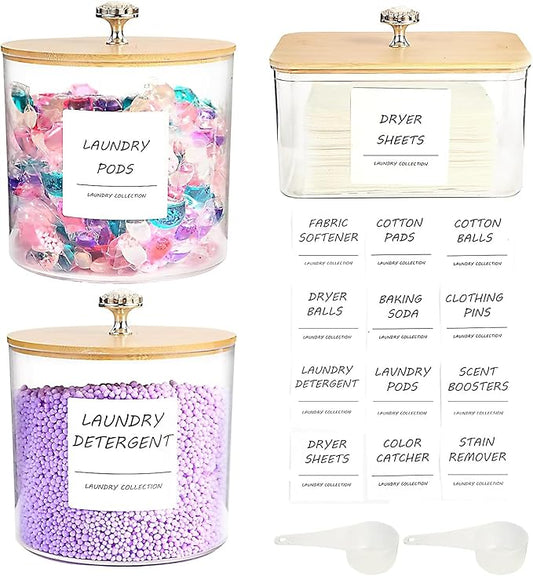 3 Pack Laundry Room Organization Storage Containers, Plastic Clear Laundry Pods Container & Dryer Sheet Holder Jars with Lids, Scoops & Labels for Detergent, Powder, Dryer Balls, Beads