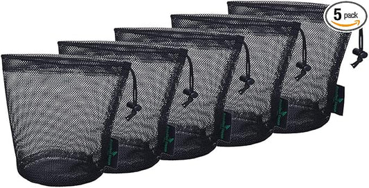 iBasingo 5pcs Black Mesh Bags - Nylon Sack Durable Drawstring Net Bags - Small Travel Sleeping Stuff Storage Ditty Bags for Cosmetics Shower Gels Bottle Pot Tennis Golf Ball Tools BVP01