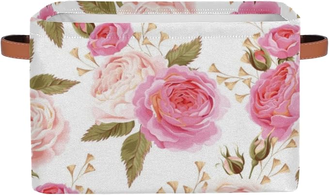 Pardick 2Pack Floral Flower Rose Large Collapsible Storage Bins,Pink Roses Decorative Canvas Fabric Storage Boxes Organizer with Handles，Rectangular Shelves Baskets Box for Home Office Nursery Closet